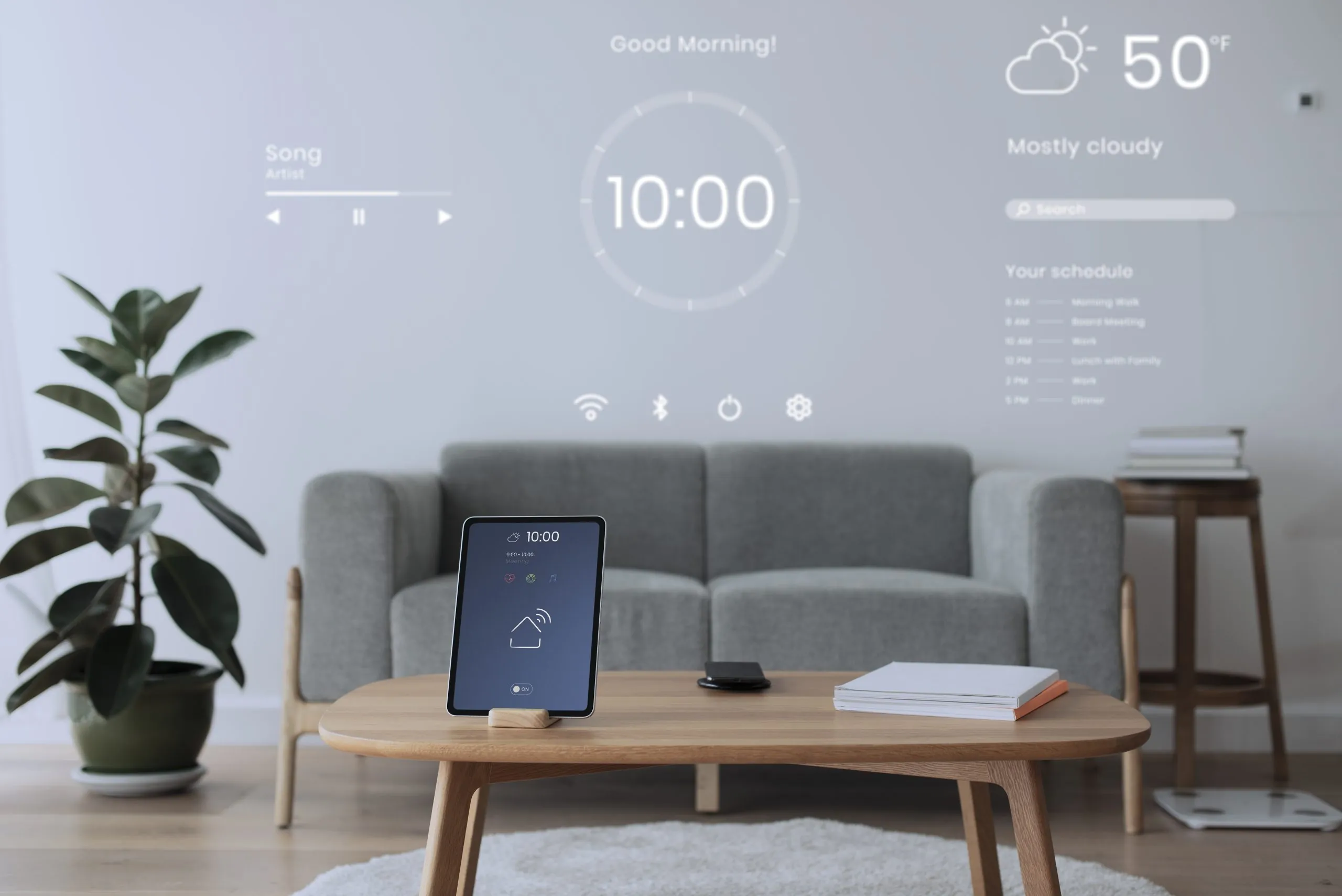 Digital tablet screen with smart home controller on a wooden tab Royale Installation | Smart Home Tech Brands and solutions that we supply and install